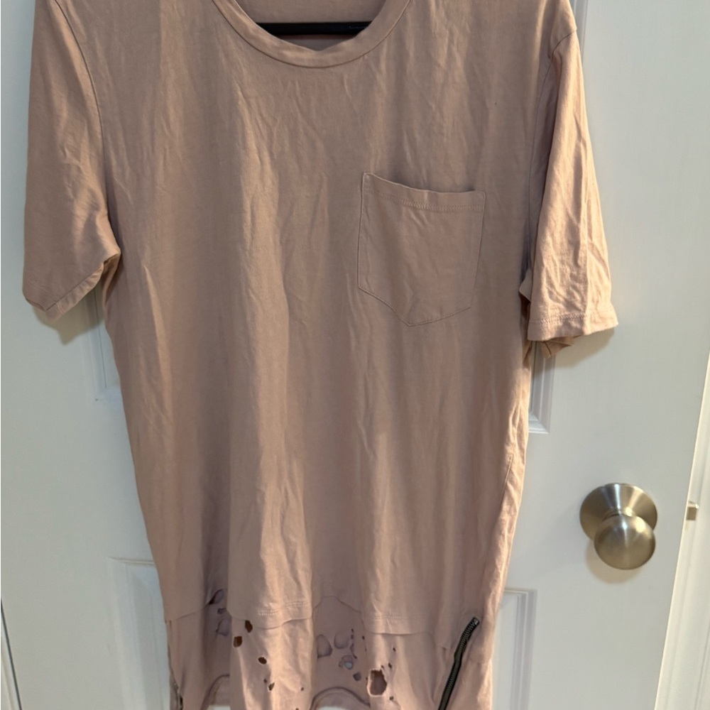 Zara Man Distressed Beige/pink T-Shirt with Pocket